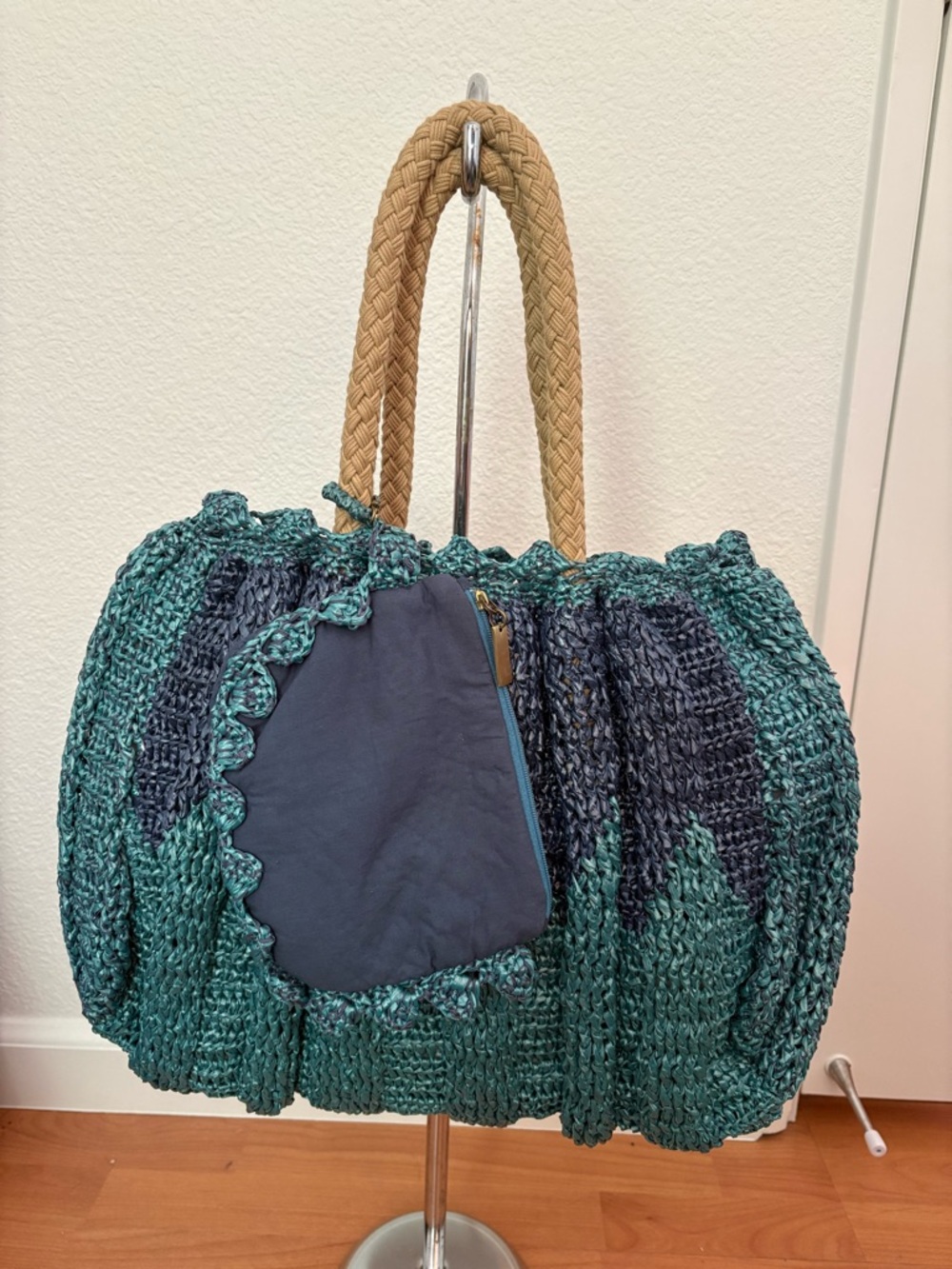 Maliparmi Teal and Navy Woven Tote with Braided Handles